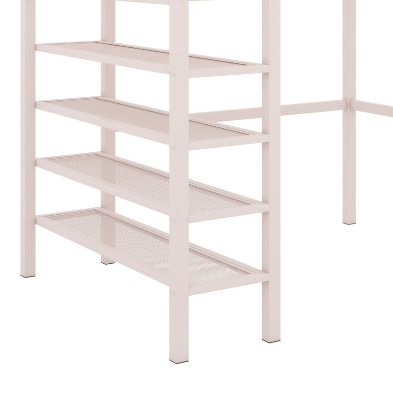 Lit mezzanine en métal avec tablettes à 4 niveaux et rangement Alexandreia, Lit simple, Rose