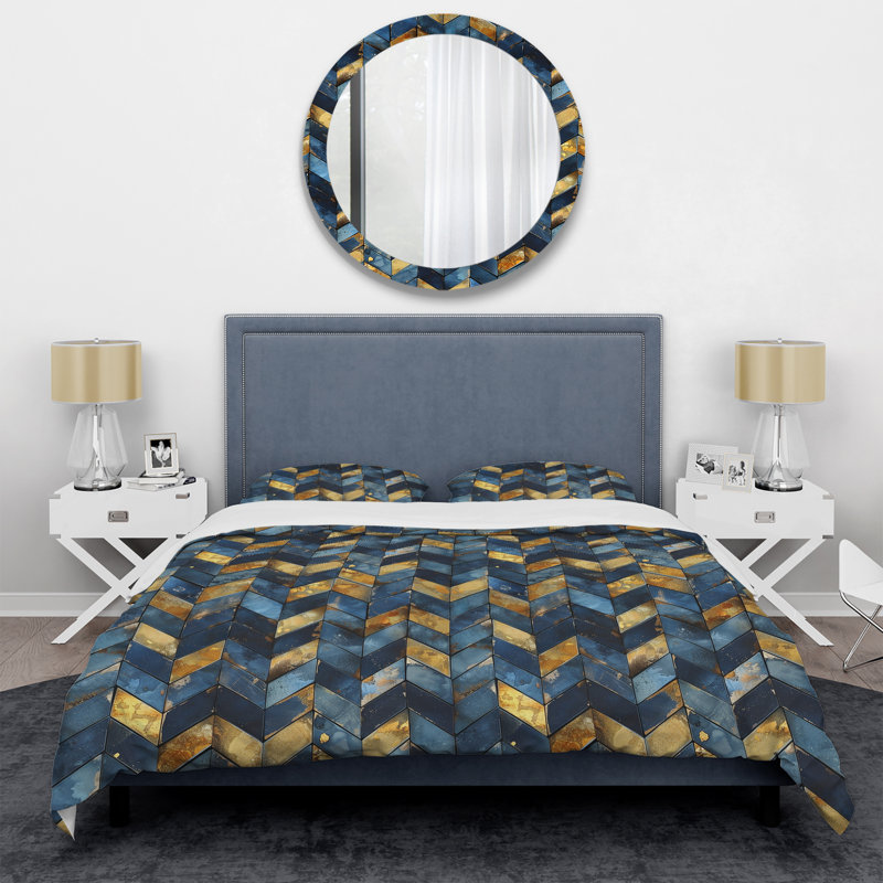 Ensemble de housse de couette Blue Gold Chevron Waves I - Glam, King Duvet Cover + 2 King Pillow Shams