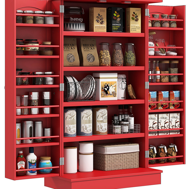 41" Kitchen Pantry In Red, With 12 Door Shelves & Thorough Storage Red Cabinet Shelves, 5 Intelligible