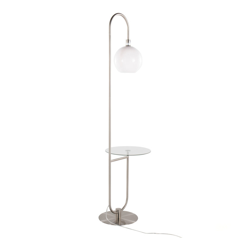 Contemporary Trombone Floor Lamp With Nickel Frame And Clear Glass Shelf, Perfect For Small Spaces And Modern Decor