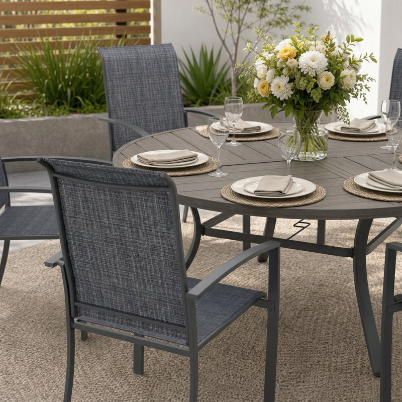 6-Person Round Patio Dining Set With Stackable Textilene Chairs, Gray/Brush Wood Gray