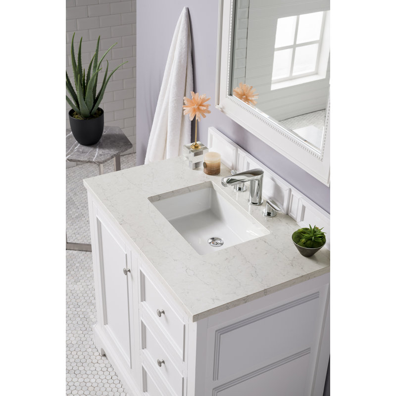 De Soto 36'' W Single Vanity, Ethereal Noctis Quartz, 8" Widespread, Bright White