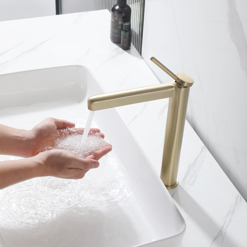Modern Single Handle Bathroom Vessel Sink Faucet, 12.3" Height With Removable Aerator, Brushed Gold