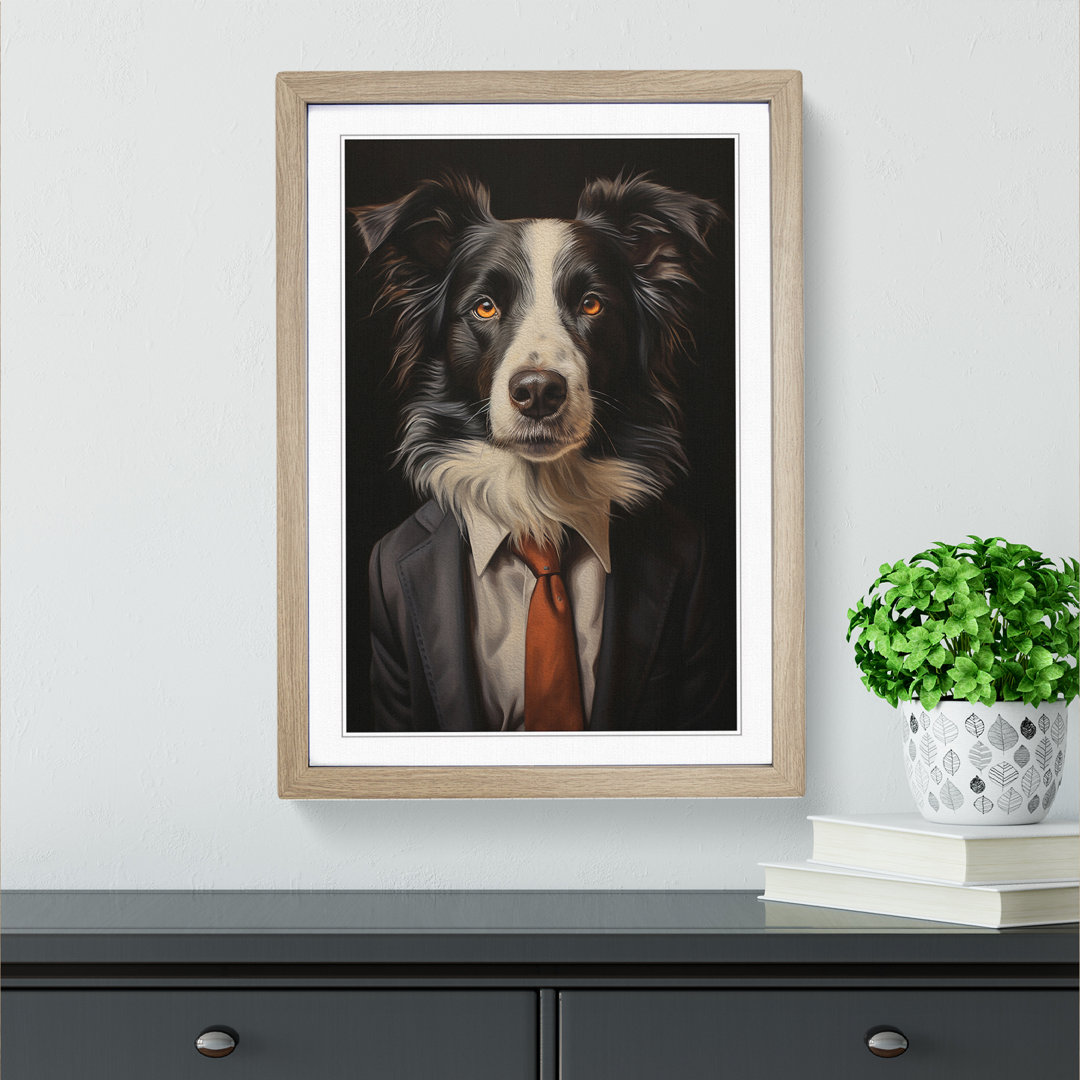 Border Collie in a Suit Painting - Framed Print