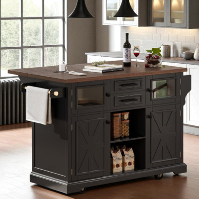 Kitchen Island With Drop Leaf, Power Outlet, 4 Door Shelves, Cross Barn Doors & Visual Glass Door, 2 Drawers, Towel Rack, Spice Rack And Adjustable Sh by Gracie Oaks