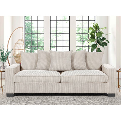 Canapé luxueux en velours côtelé avec 5 coussins décoratifs assortis, design élégant, canapé 3 places spacieux et confortable pour salon moderne, grand, ivoire
