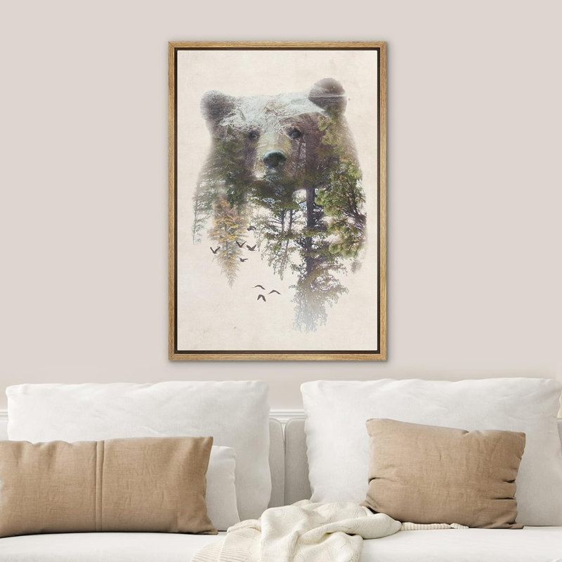 Bear " Bear and Spring Forest " Graphic Art Print, Natural Floater Frame, 24" H x 16" W