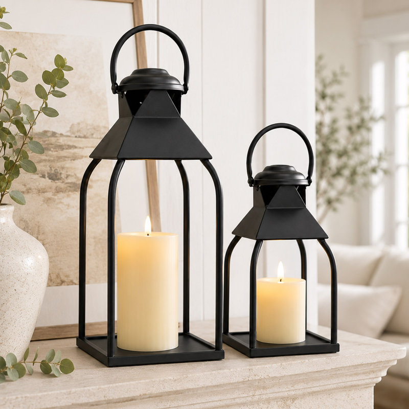 Ensemble de 2 porte-bougies en métal noir, lanternes décoratives