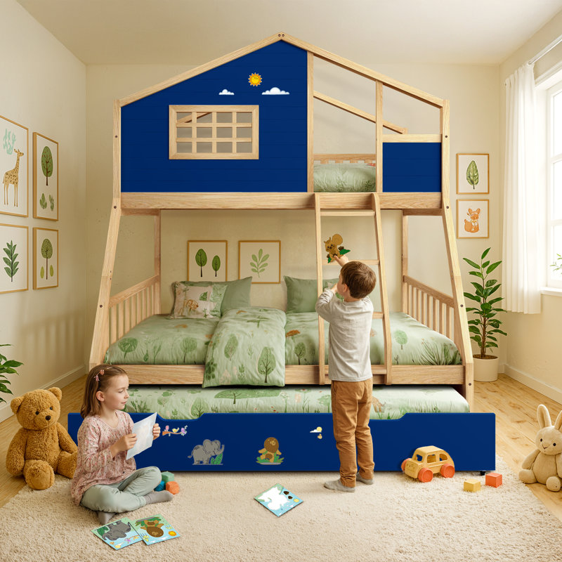 Treehouse Heavy Duty Wood Staircase Twin over Full Bunk Beds with Trundle, Natural/Navy Blue