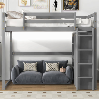 Wood Full Size Loft Bed With Built-In Wardrobe And Storage Shelves, Led Light
