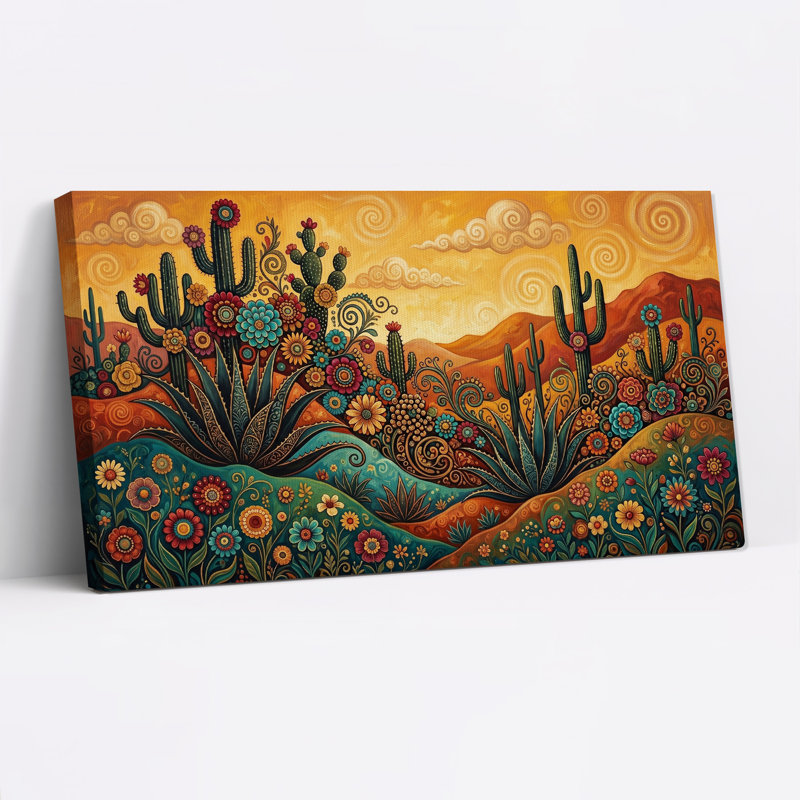 Tableau sur toile représentant un paysage de cactus et de fleurs du Sud-Ouest, L 58 po x H 28 po