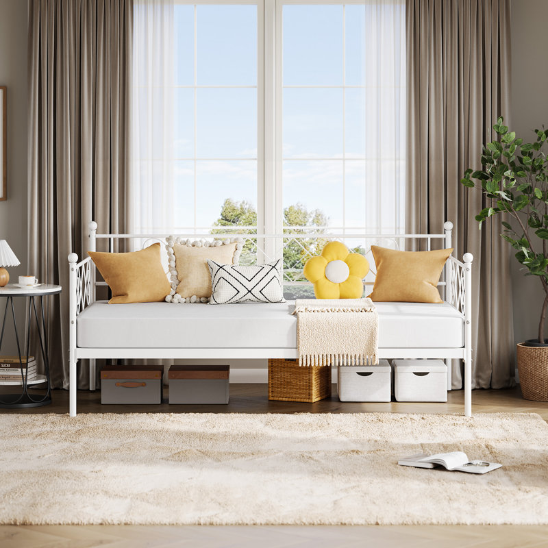 Sturdy Metal Day Bed with Steel Slat Support, Twin Daybed for Living Room, White