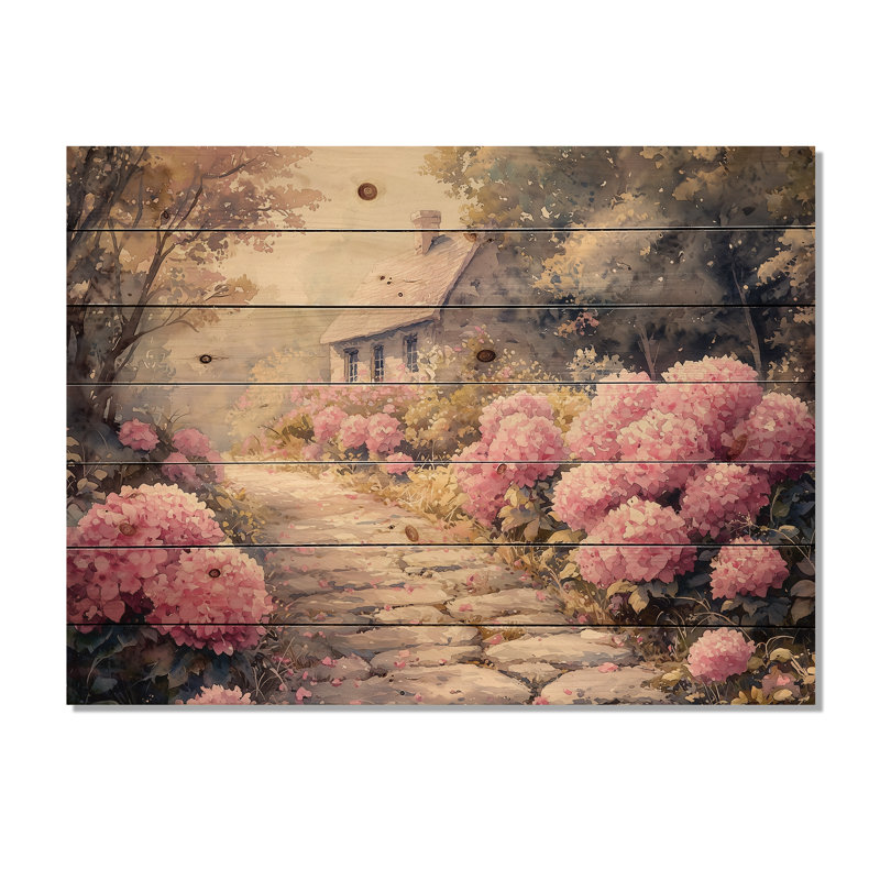 Hortensias par le chemin de pierre IV - impression d'hortensias sur bois de pin naturel, H 30 po x l 40 po