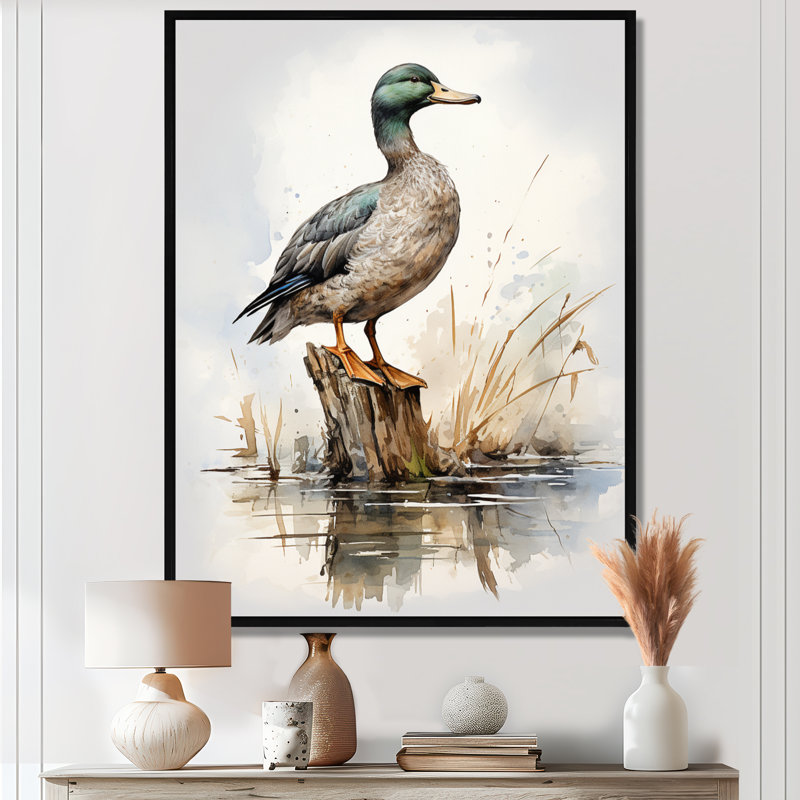 Canard colvert minimaliste à l'étang II - canard, art mural encadré, Cadre flottant noir, H 20 po x l 12 po x P 1 po