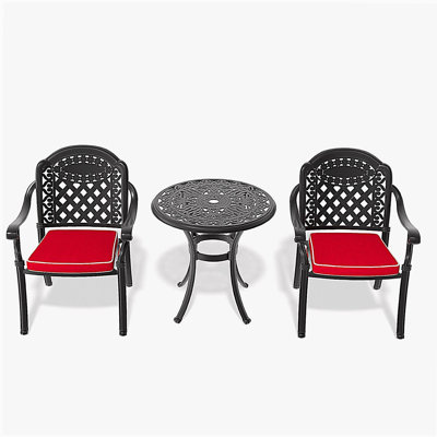 3-Piece Set Of Cast Aluminum Patio Furniture  With Black Frame and Red Seat Cushions