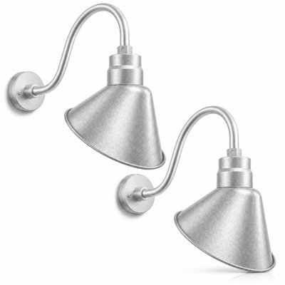 10in. Galvanized Finish Angle Shade Gooseneck Sign Light Fixture With 14.5 in. Long Extension Arm - Wall Sconce Farmhouse, Antique - UL Listed - 9W 900lm A19 LED Bulb (5000K Cool White) - 2-Pack