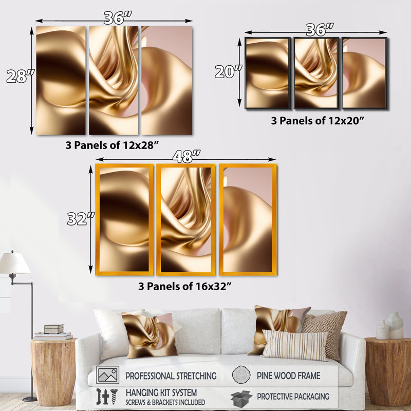 Or liquide lisse dans de douces nuances d'or et de taupe II - impression sur toile 3 pièces, H 28 po x l 36 po