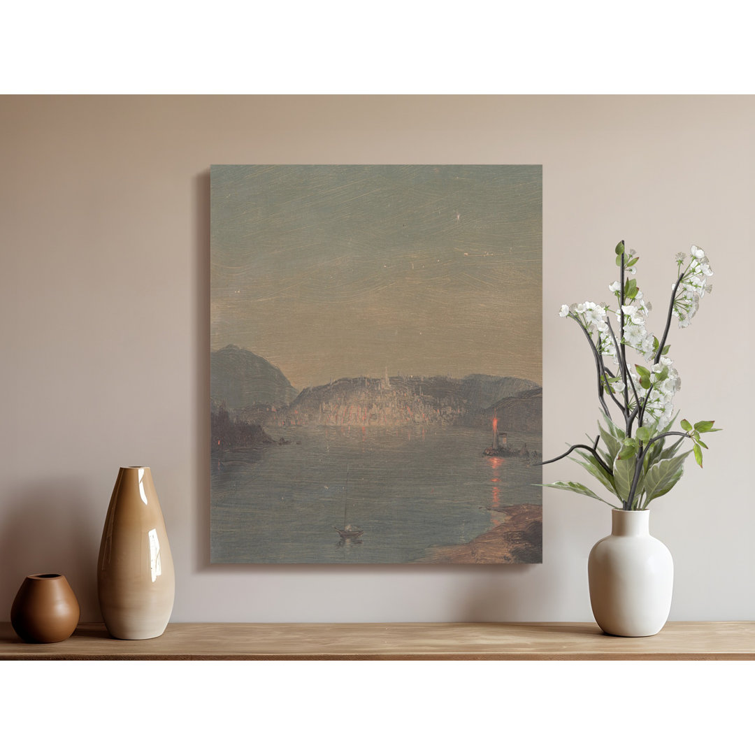 Coastal Cityscape Canvas Wall Art, Night Scene Painting, Gallery Wrapped Canvas Print, Ready to Hang, Archival Quality, Modern Home Decor