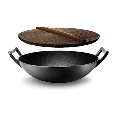 NutriChef Pre-Seasoned Cooking Wok - Cast Iron Stir Fry Wok with Wooden Lid 