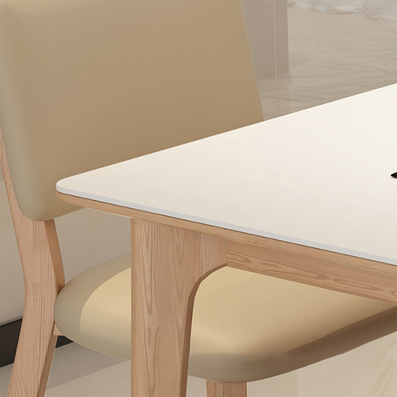 White + Burlywood Rectangular Sintered Stone + Solid Wood Dining Table, 29.53"H x 55.12"L x 31.5"W