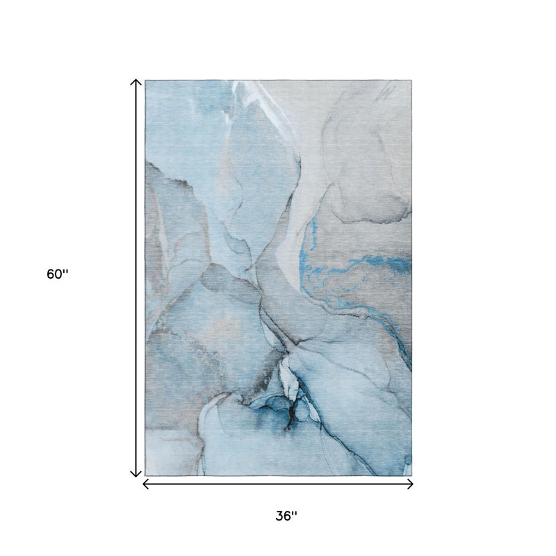 3' X 5' Blue Gray And Ivory Abstract Washable Area Rug With UV Protection
