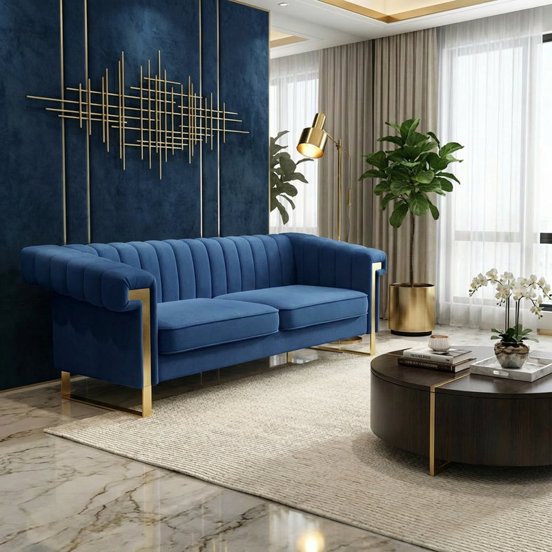 Canapé en velours à accoudoirs carrés de 83,86 po Kevionna, Velours bleu