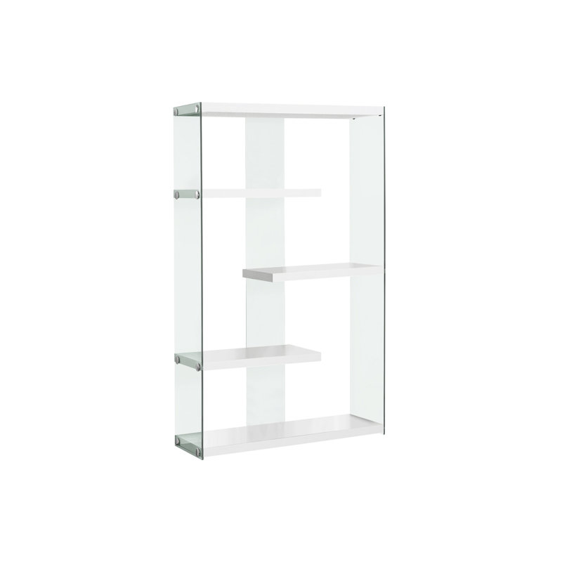 Bibliothèque 60 po H 5 niveaux en stratifié blanc brillant, avec verre trempé, chambre à coucher moderne et accessoire de bureau, tablette élégante transparente