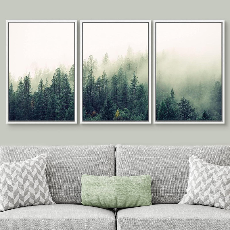 «Landscape with Trees in Mist» - ensemble de 3 reproductions de photos sur toile, Toile avec cadre flottant, Blanc