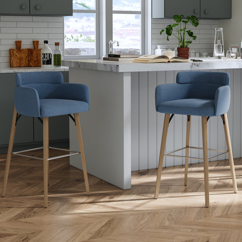 30''H Bar Stool With Solid Wood Frame And Foam Seat, Blue