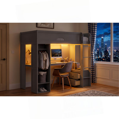Lit mezzanine double en bois massif avec bureau en forme de L, armoire de rangement et garde-robe, lit mezzanine haut avec bande lumineuse à DEL avec contrôle intelligent APP, ports de charge USB