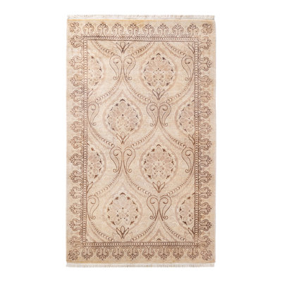 Tapis ivoire en laine noué à la main de conception unique 3 pi 2 po x 5 pi 1 po Hayner
