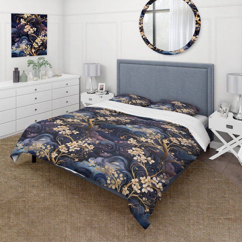 Subdued Moonlight Moody Patterns I Floral Duvet Cover, Queen Duvet Cover + 2 Standard Shams