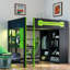 Lit mezzanine en bois avec bureau, garde-robe ouverte et lumière RVB-607811505