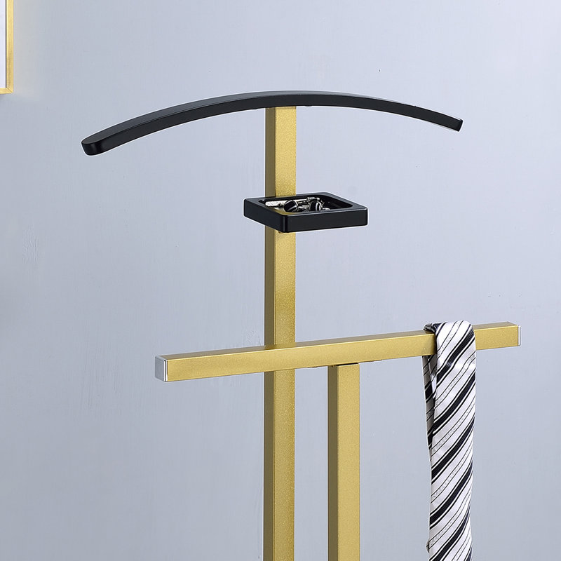 Freestanding Valet Stand with Tray & Pants Bar, Metal & Wooden Suit Rack Clothes Organizer with Storage Shelf for Bedroom or Office