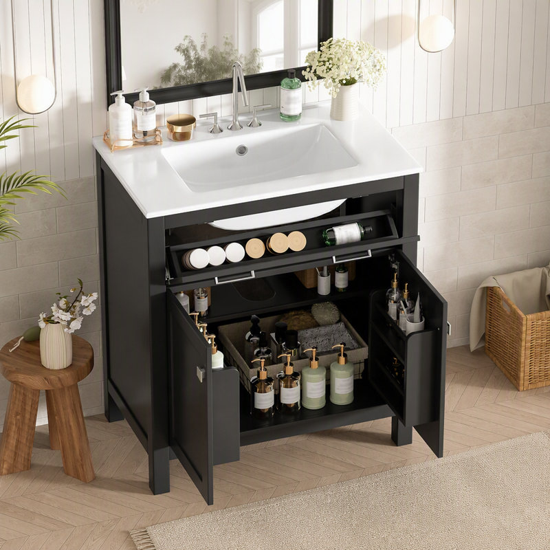Meuble-lavabo 30 po avec lavabo en céramique, armoire de salle de bain simple noire moderne avec 2 portes et une tablette, portes à fermeture douce
