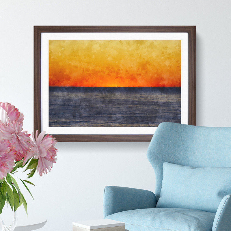 An Orange Sunset - Picture Frame Painting, 62cm H x 87cm W x 2cm D, Walnut Framed