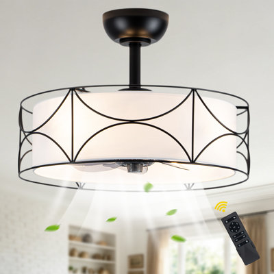 20" Modern Drum Ceiling Fan with Lights and Remote, 6 Speeds Reversible Fabric Caged Ceiling Fan Fandelier for Bedroom Living Room