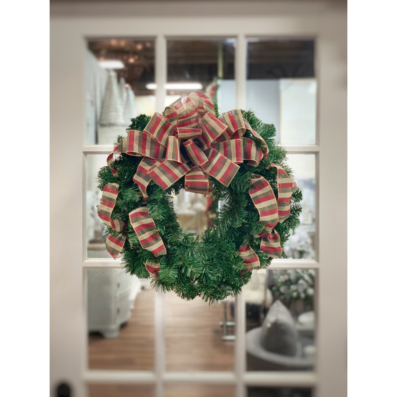 Holiday Plaid Ribbon Wreath, Green/Red/Gold, 26" H x 26" W x 8" D