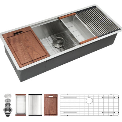 Évier de cuisine encastré à simple cuve 45 x 19 po en acier inoxydable de calibre 16, poste de travail avec rail pour améliorer la mobilité des accessoires, évacuation rapide en forme de X, R10