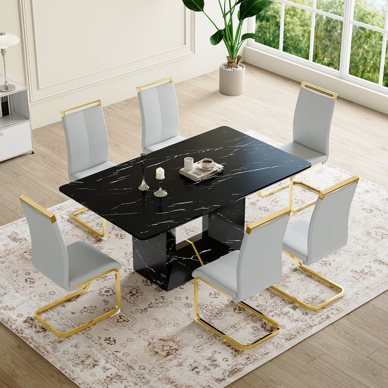 Ensemble de cuisine et salle à manger Modern, table de salle à manger en marbre avec chaises rembourrées, Noir