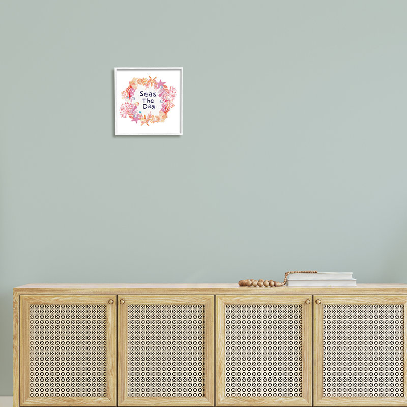 «Life Better At Beach» rayé nautique-ao-784, H 12 po x l 12 po x P 1,5 po, Giclée encadrée blanc bord de mer