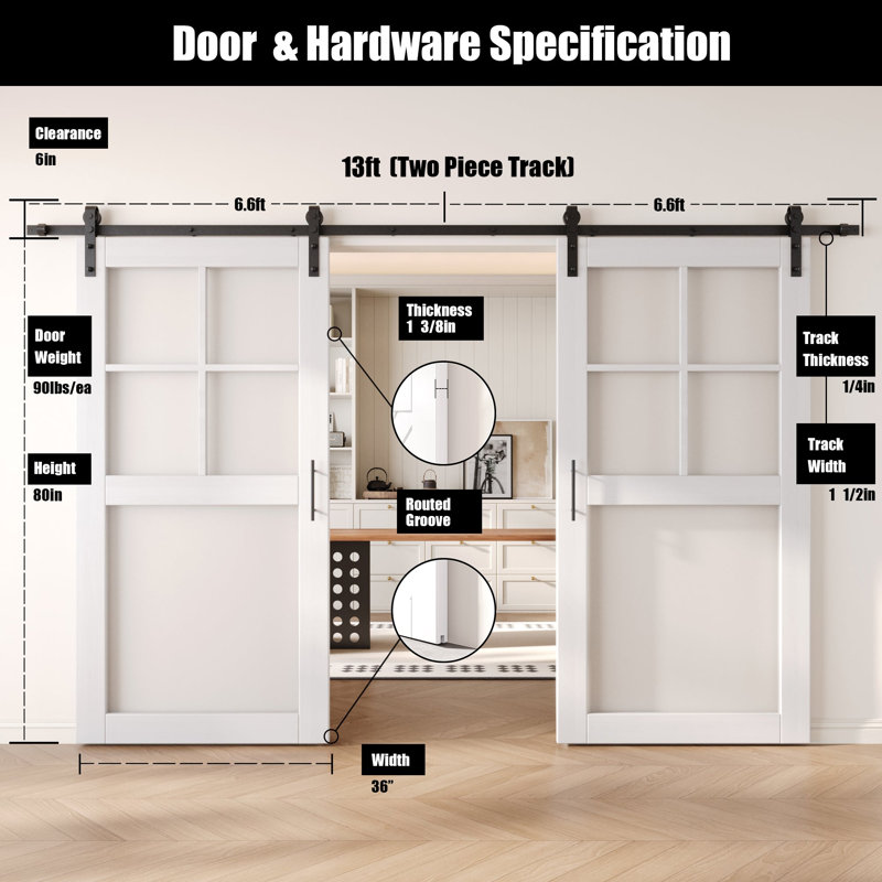 Portes de grange en verre givré non assemblées et non assemblées de 36 po x 80 po à 5 lumières Homacer, 36 po x 80 po