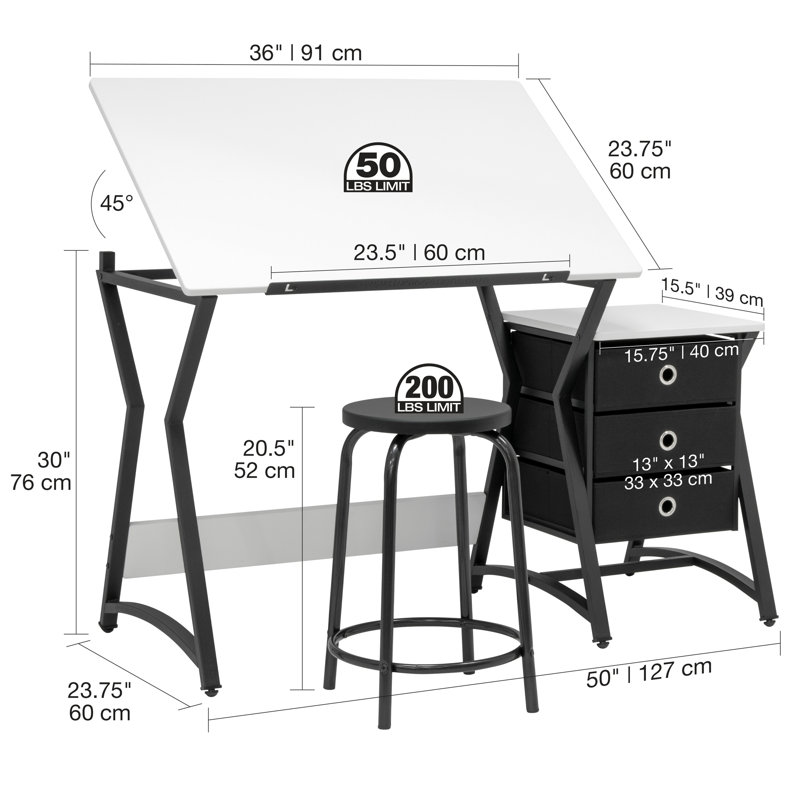 Hourglass Craft Center, 2pc Angle Adjustable Drafting Table and Stool