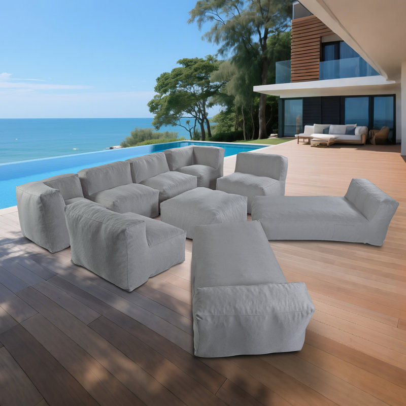 Canapé modulaire d'extérieur 9 pièces avec méridienne pour patio, jardin et piscine, Gris foncé