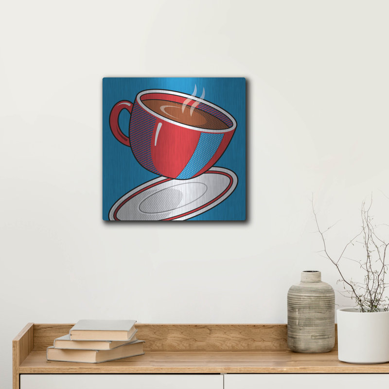 Art mural en métal luxueux «Red Coffee Cup On Blue» par Ron Magnes, 24 po x 24 po, H 12 po x l 12 po