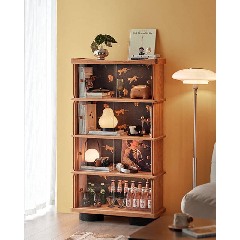 Bibliothèque américaine en bois de cerisier rétro avec bande lumineuse et porte en verre pour rangement et présentation