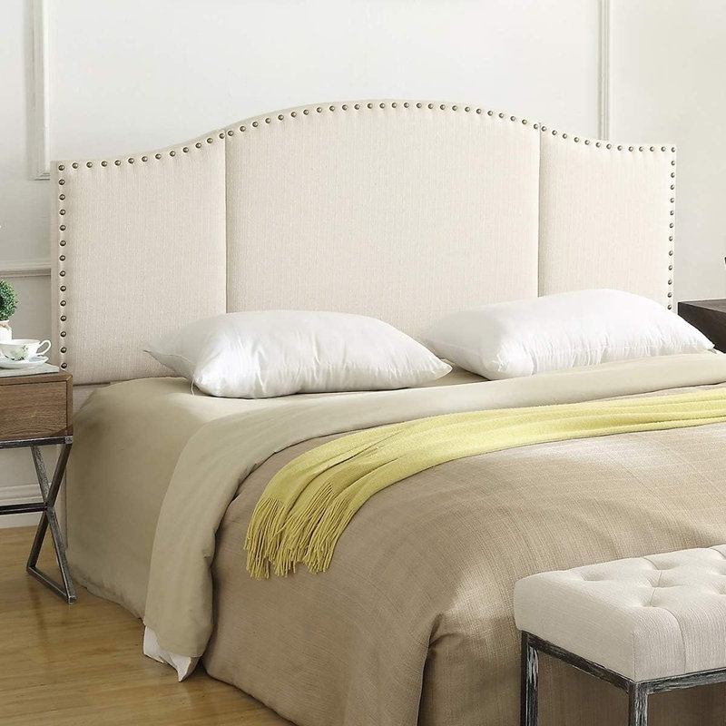 Ivory Mid-Century King/California King Headboard – F Linen Upholstered, Tufted With Antique Brass Nailhead Accents, King