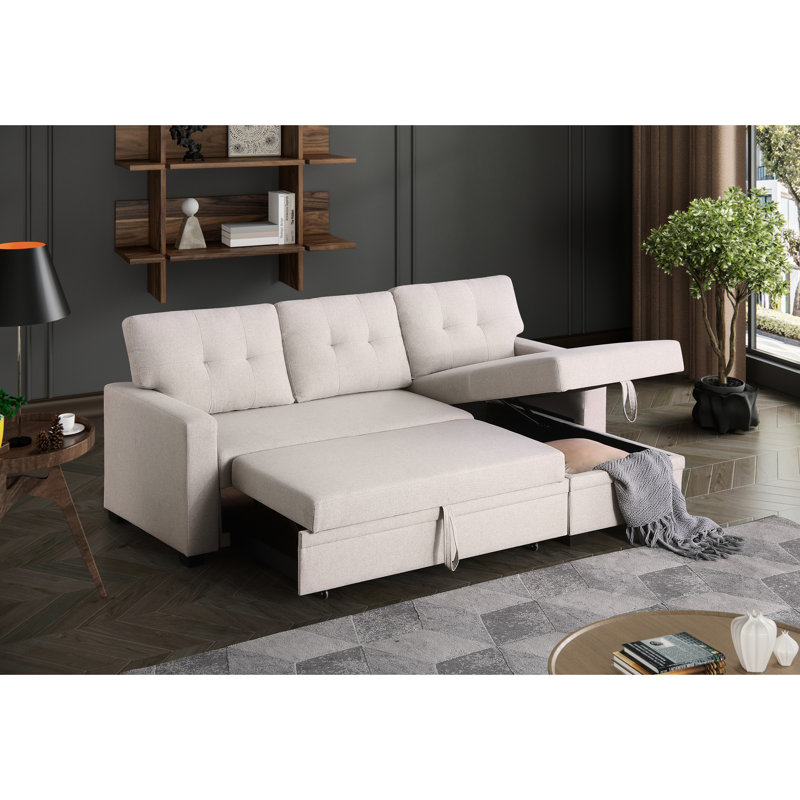 3 - Seat Convertible Upholstered With Pull Out Chaise And Storage, Beige Linen Main, Foam Filler, Removable Back Cushions, Twin Size Sleeper For Hosting Overnight, 82.12 In Width, 51.84 Depth, 34.47