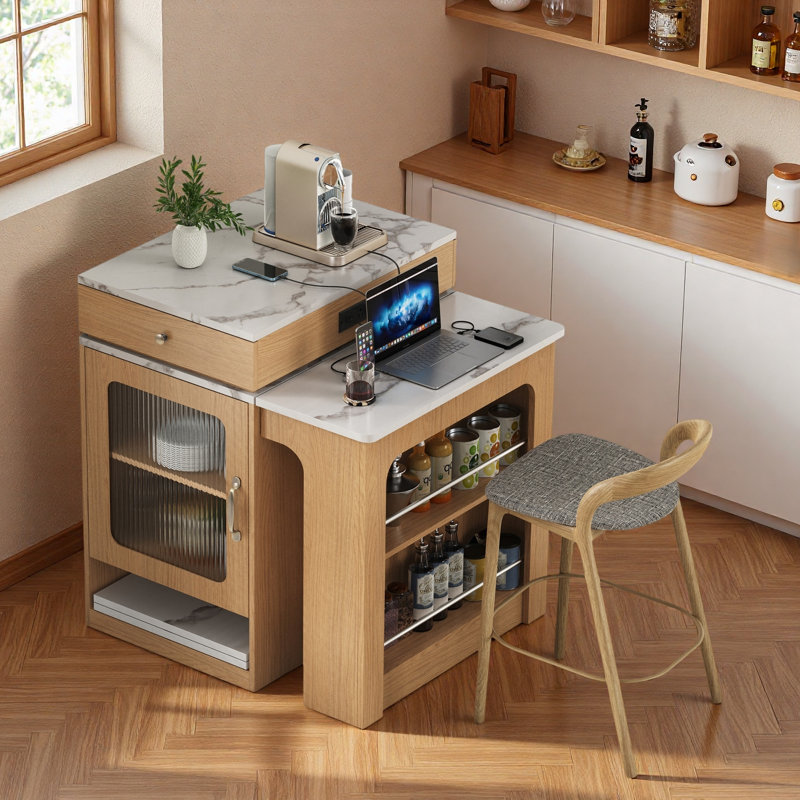 Kitchen Island With Extendable Dining Table, Double-sided Storage, 2 Drawers, Power Outlet And Side Open Shelves, Natural