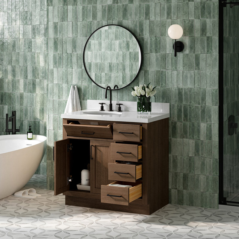 Meuble-lavabo simple en bois massif 36 po Tidworth avec plateau en quartz 1,5 po, Ovale, Gauche, Chêne brun